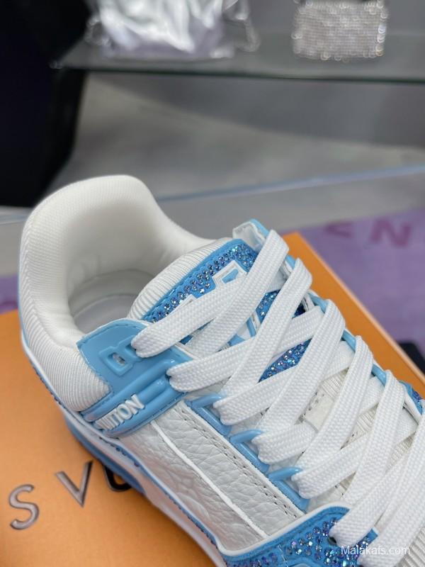 2025 Unisex Louis Vuitton Light Blue White Leather Denim Plimsolls Hand Drilled AS00400