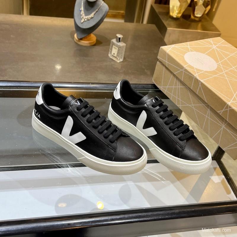 VEJA Classic White Sneakers V Logo Lace-Up Retro Flat Platform Casual Sports Shoes - LY00220