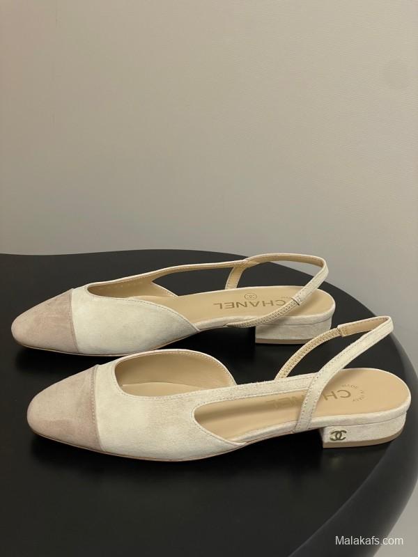 Chanel Sling-back Two-Tone Suede Slingback Sandals Flat/Block Heel - KFY00280