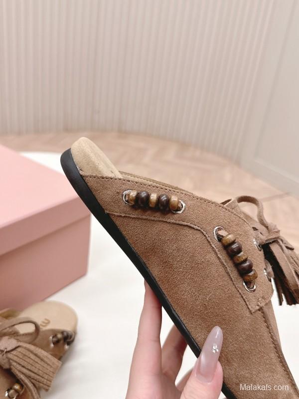 Miu Miu Fall/Winter 2025 Tassel Loafer Mule with Beaded Accents - LY00320