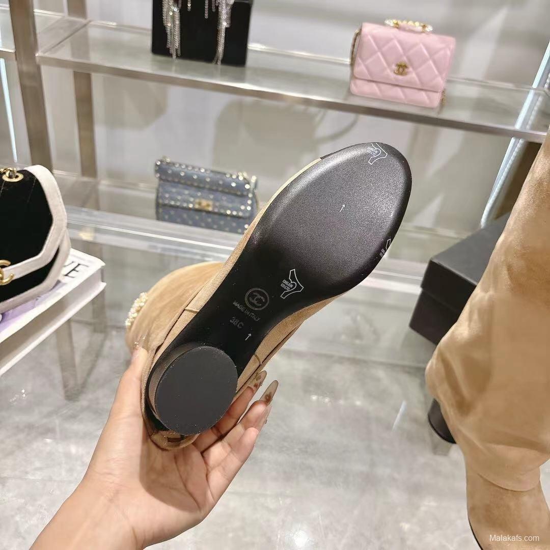 Chanel 2025/SS Small Fragrance Autumn Winter Runway Turned-Cuff Block Heel Straight Tube Boots Classic Color Block - LY00510