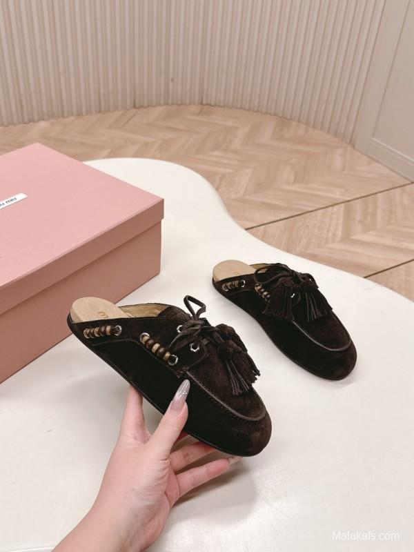 Miu Miu Fall/Winter 2025 Tassel Loafer Mule with Bead Accents - LY00320