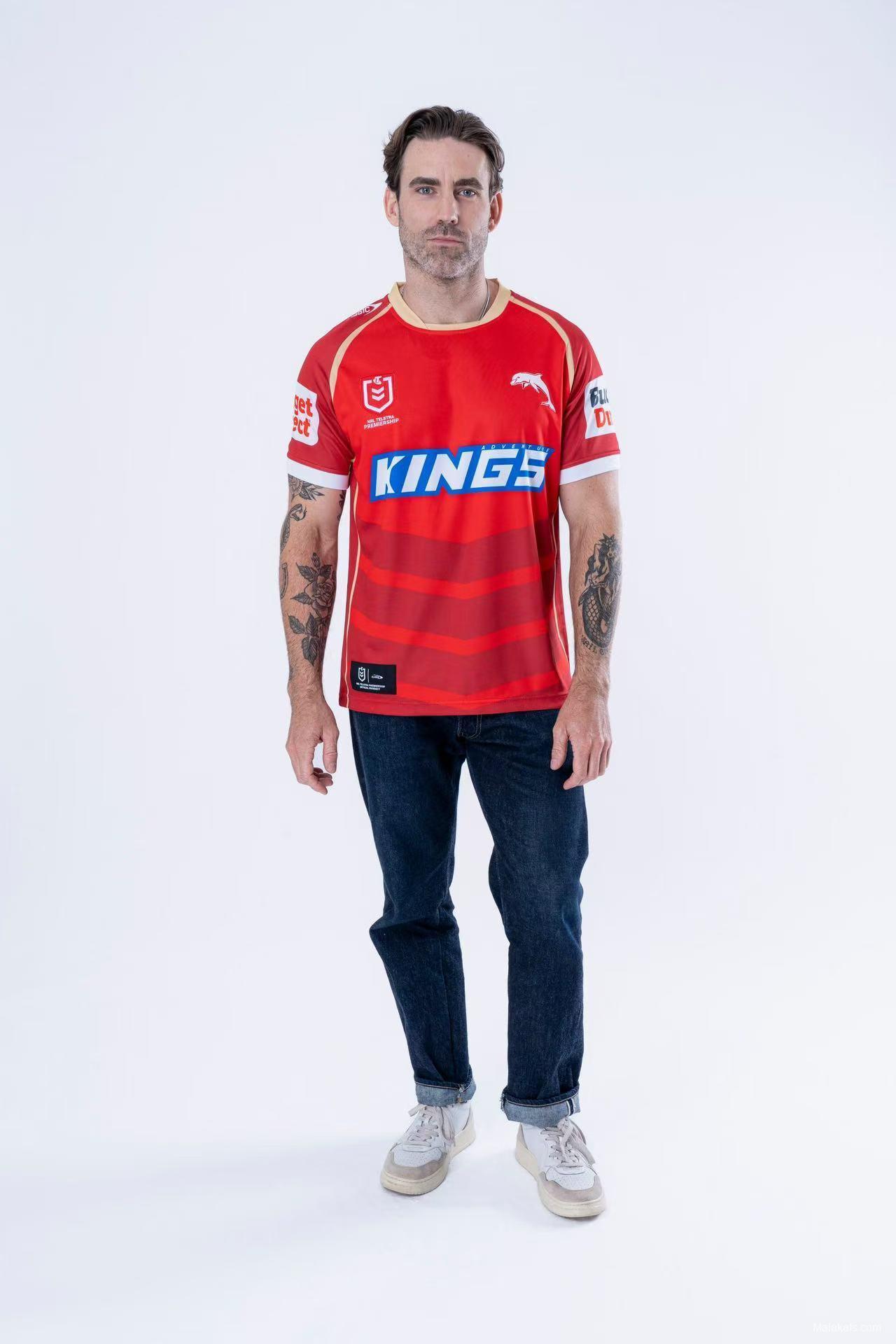 2025 Redcliffe Dolphins Red with Tonal Hoops Home Jersey