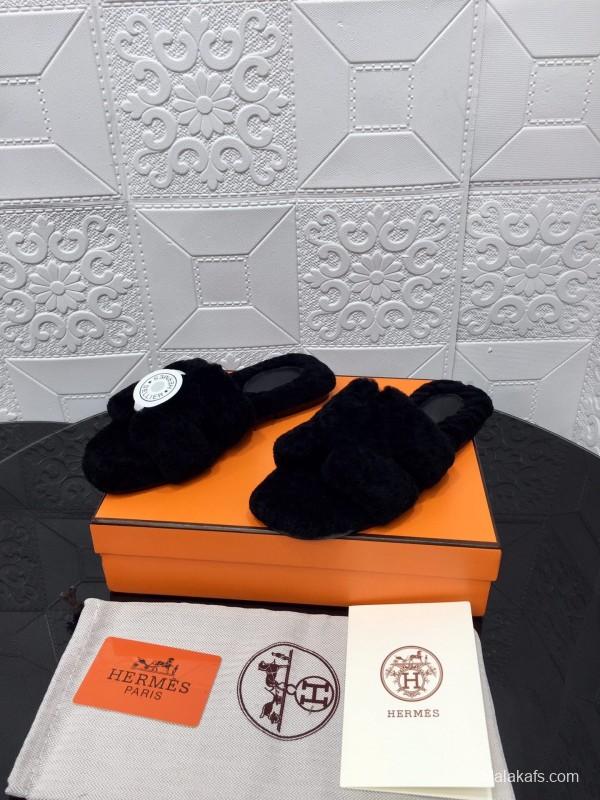 H Teddie Wool H Slippers Flat Sole Fur Slides - LY00240