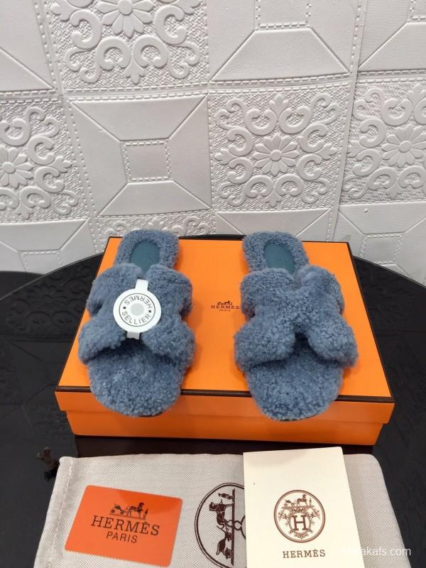 H Teddy Wool H Slippers Flat Sole Autumn Winter - LY00240