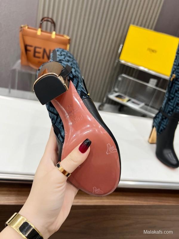 FENDI Delfina Round Toe Boots with FF Buckle and Heel Detail - LY00