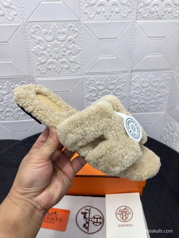 H Teddy Wool H Slippers Flat Sole Winter Home Shoes - LY00240