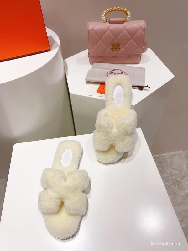 Hermes Teddy Wool H Slippers Flat Fur Slides - LY00240