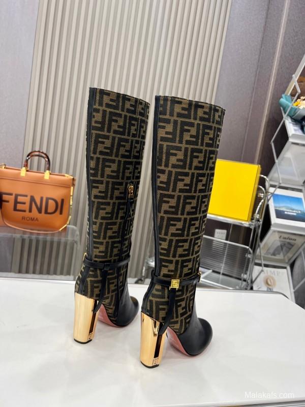 FENDI Delfina Round Toe Boots with FF Buckle and Heel Detail - LY00