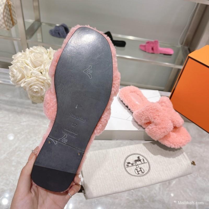 H Teddy Wool H Slippers Flat Sole Autumn Winter - LY00240