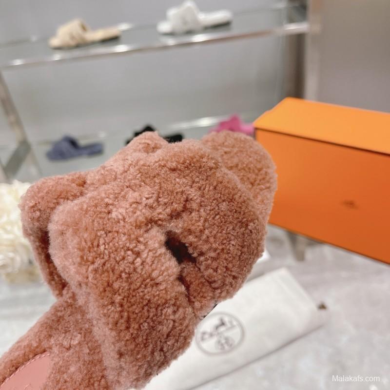 H Teddy Wool Flat Slippers for Autumn/Winter - LY00240