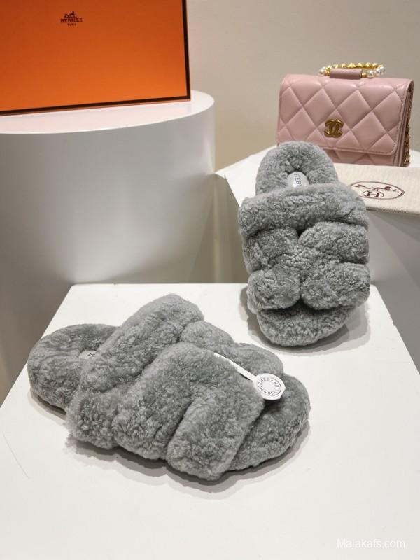 H Love Erjiu Full Wool Slippers with Wavy Fur Design - LY00270