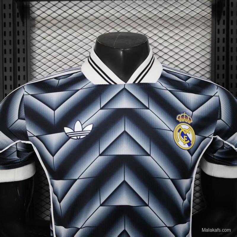Player Version  1988/89 Real Madrid Third Navy Blue with 3D Geometric Chevron Pattern Jersey