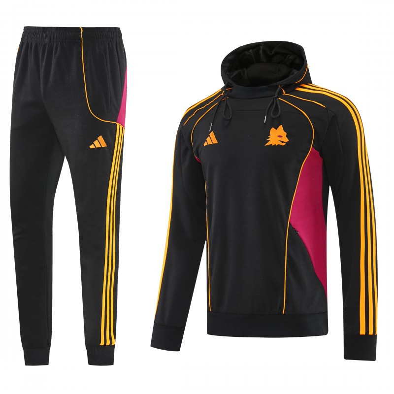 26/27 Roma Black Full Zipper Hooded Jacket Tracksuit + Long Pants