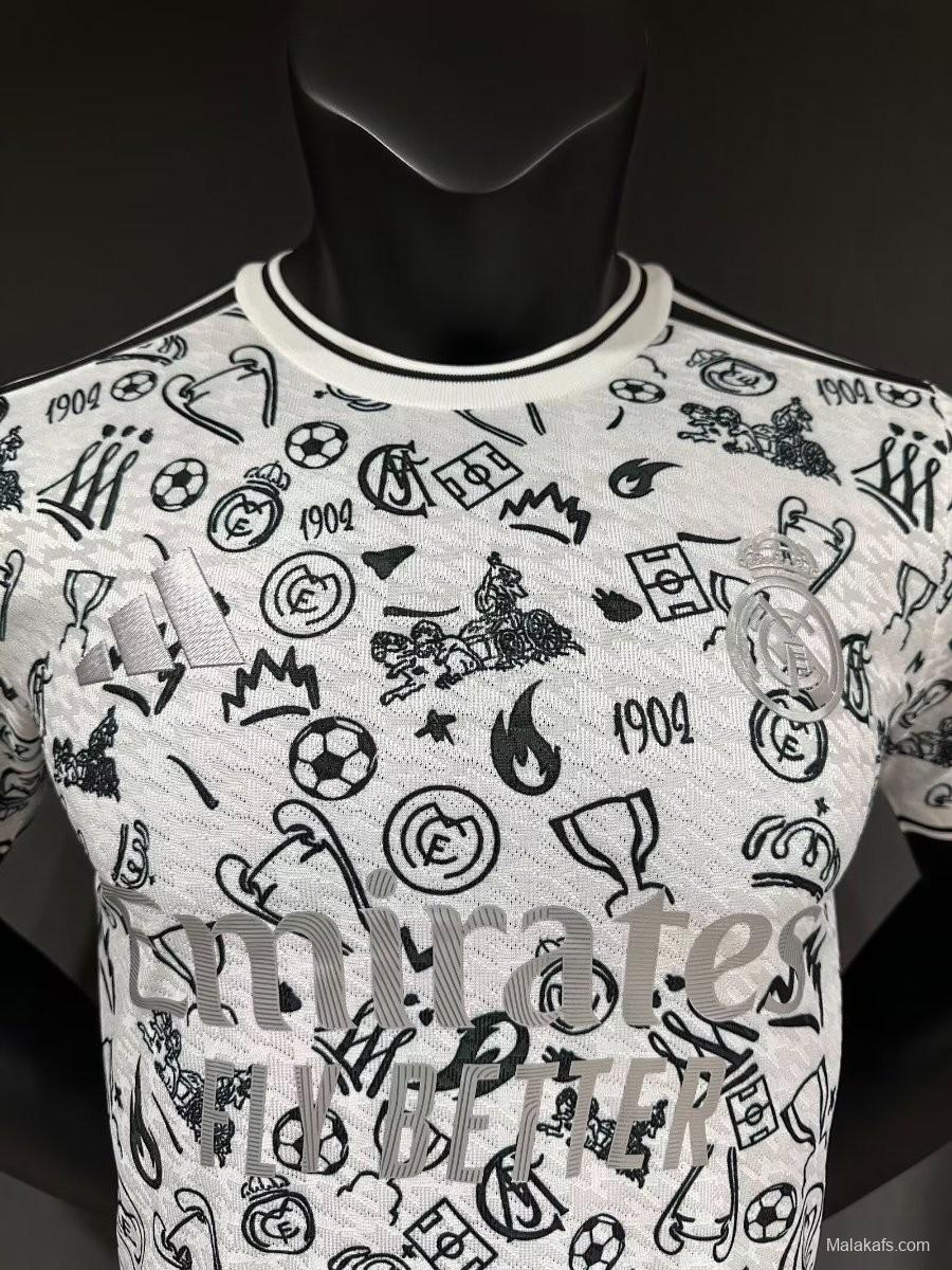 Player Version 25/26 Real Madrid White with Football Icons Pattern Jersey