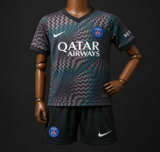 26/27 Kids PSG/Paris Saint-Germain Home Goalkeeper Black/Blue Zigzag Pattern Jersey