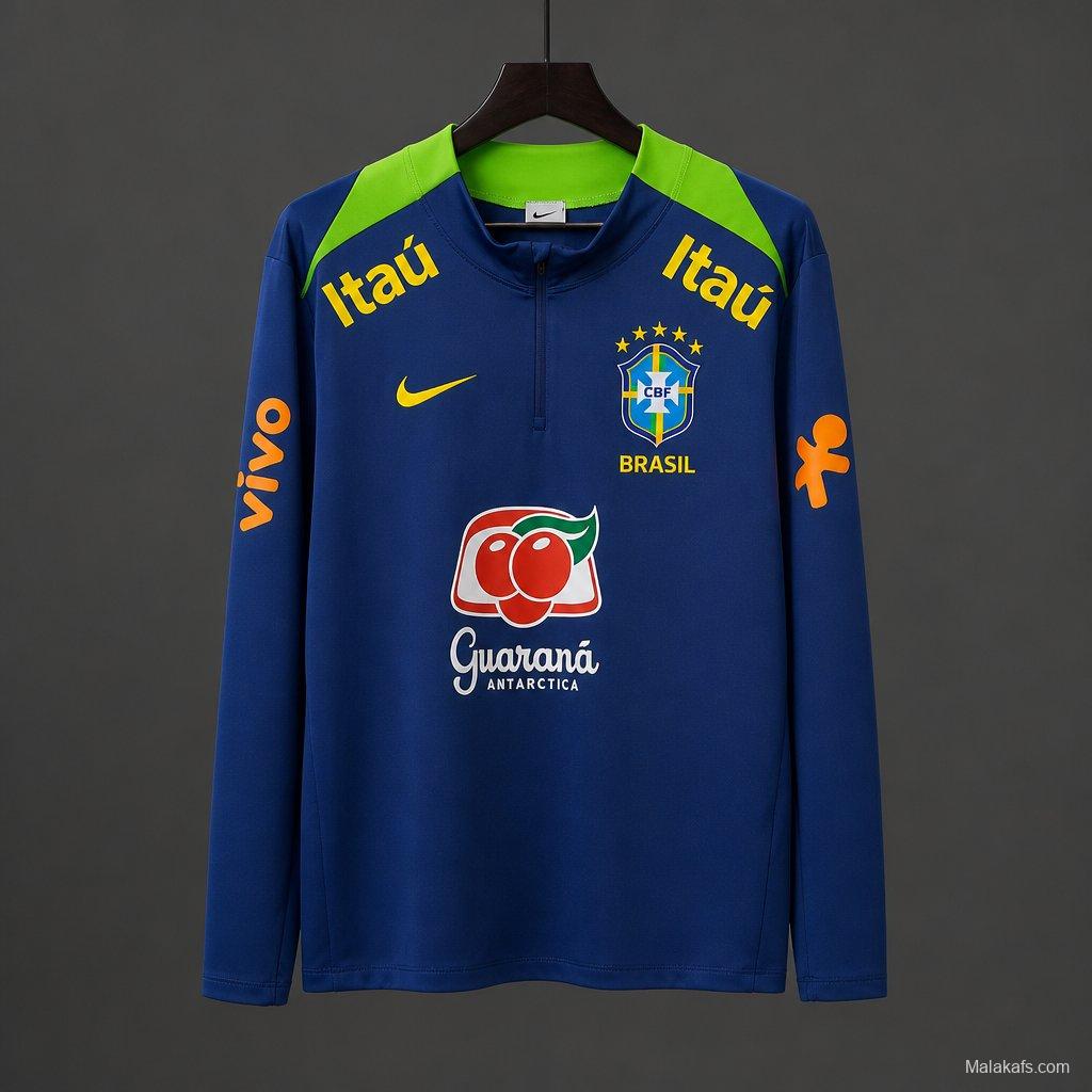 2024 Brazil Navy Blue with Lime Green Long Sleeve Half-Zip Training Top