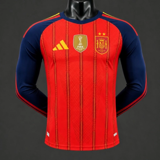 Player Version 2 Star 2026 Spain Home Long Sleeve Jersey With Champion Patch