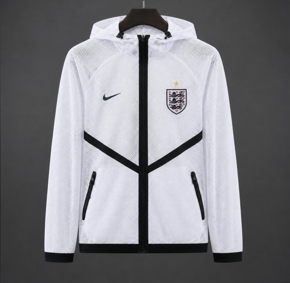 2026 England White Mesh Anthem Full Zipper Hooded Windbreaker Jacket