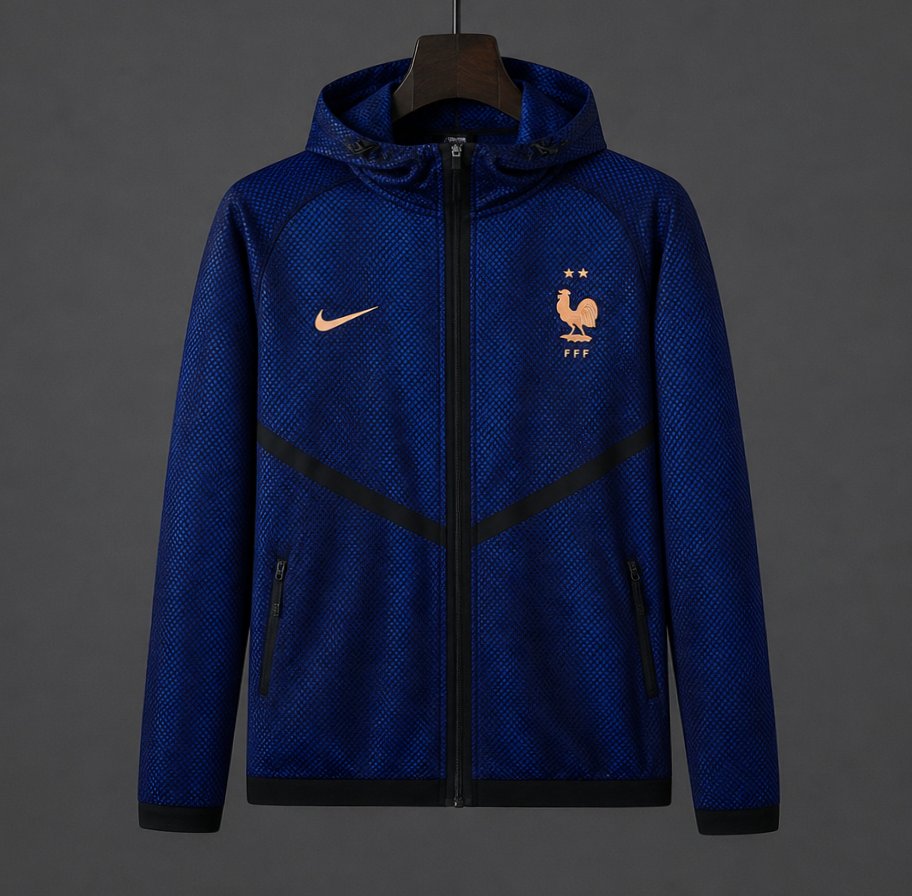 26/27 France Navy Blue Mesh Anthem Full Zipper Hooded Windbreaker Jacket