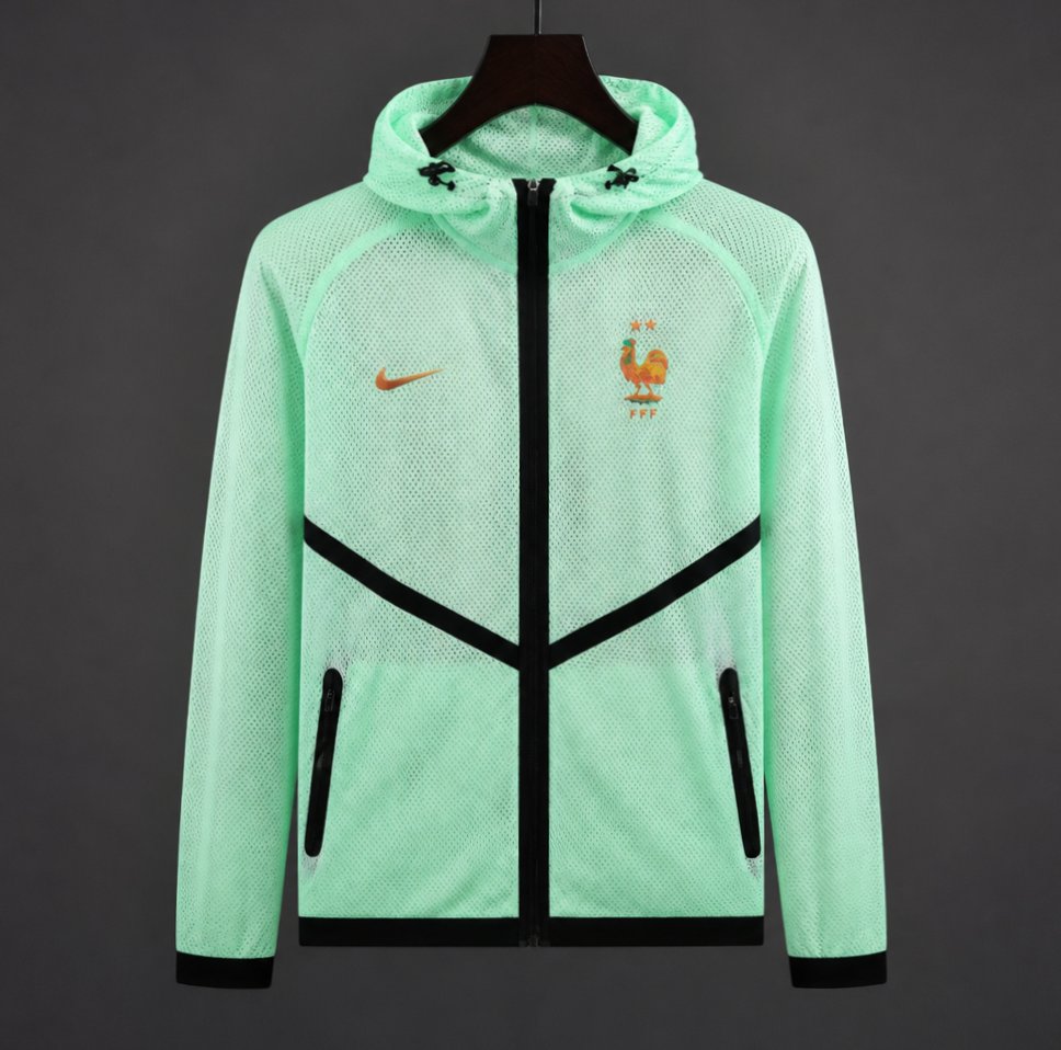 26/27 France Light Green Mesh Anthem Full Zipper Hooded Windbreaker Jacket